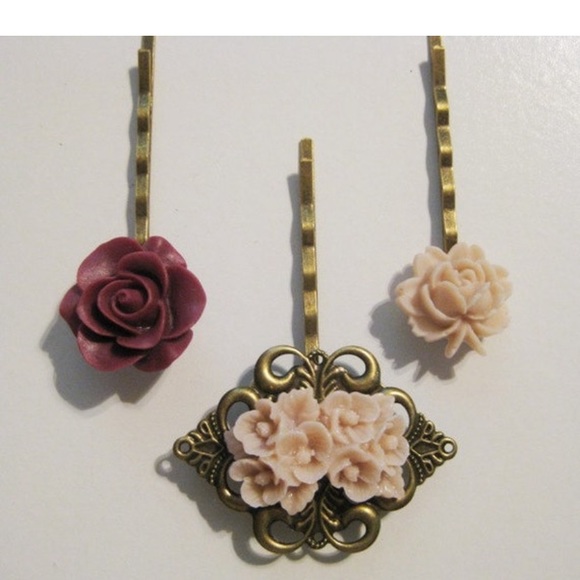 Taupe Peach  Burgundy Maroon Floral Bobby Pin Set B-75 - Picture 2 of 4